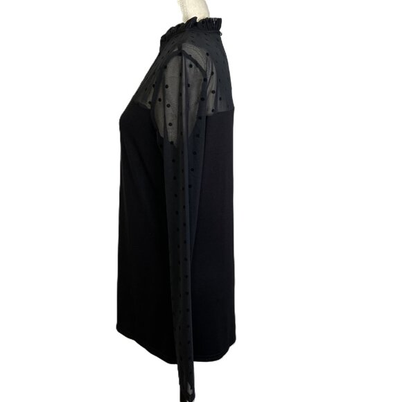 Long Tall Sally Black Sheer Polka Dot Neck Jersey Long Sleeve Top Size M - Picture 2 of 14